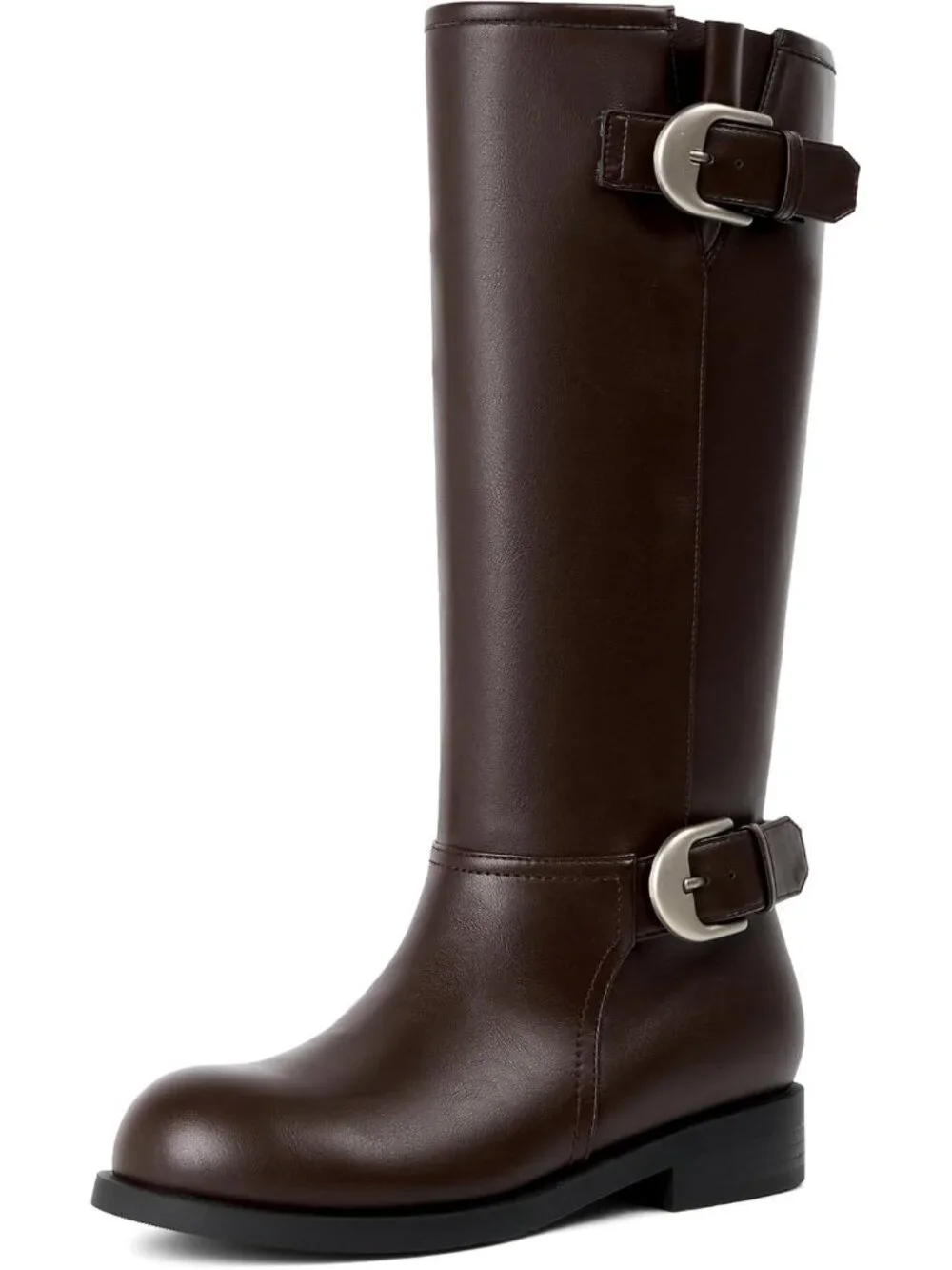 🆕Women's Dark Brown Knee High Boots Round Toe Low Block Heel Combat Tall Boots